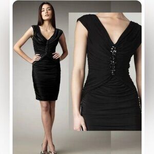 Tadashi Shoji Black Embellished Jeweled Ruched Jersey Cocktail Dress, Size XS